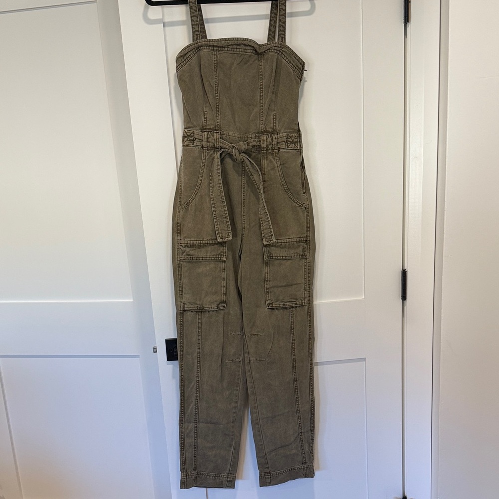 Free People Khaki Utility Jumpsuit with Pockets